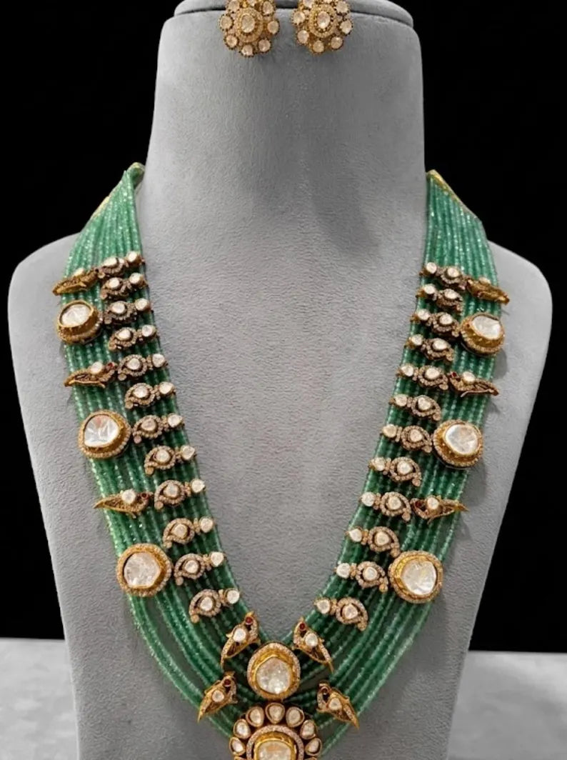 Green Beaded Kundan Rani Haar Set | Long Bridal Necklace with Earrings | Royal Indian Festive Necklace Set