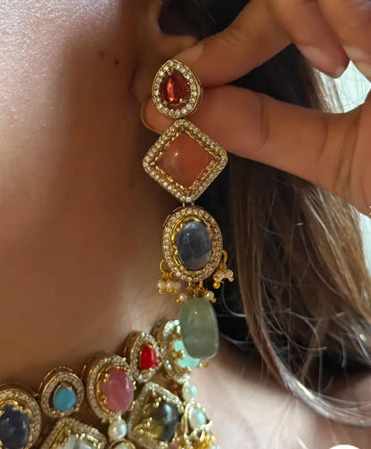 Luxury Multi Gemstone Statement Choker Necklace Set, Navratna Inspired Wedding Jewelry