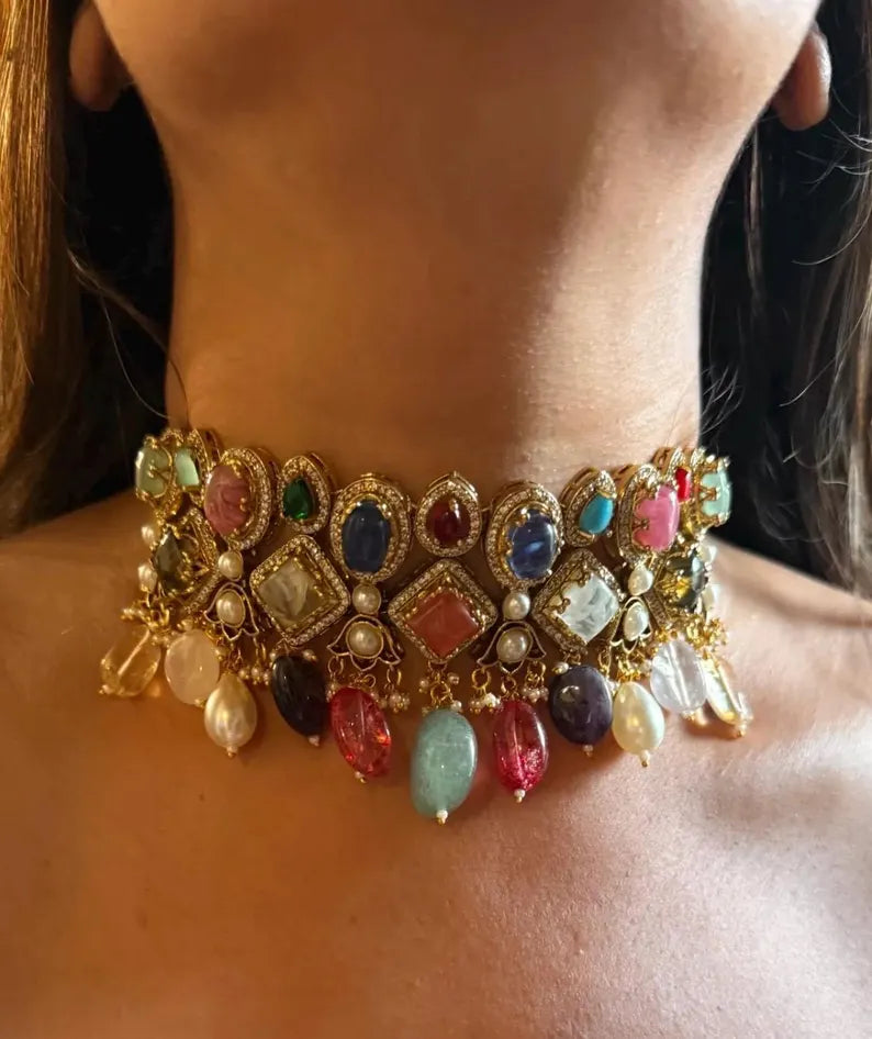 Luxury Multi Gemstone Statement Choker Necklace Set, Navratna Inspired Wedding Jewelry