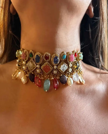 Luxury Multi Gemstone Statement Choker Necklace Set, Navratna Inspired Wedding Jewelry