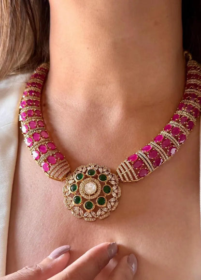Ruby Emerald CZ Statement Necklace Set, Designer Bridal Necklace with Stud Earrings, Indian Wedding Jewelry