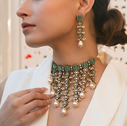 Kundan Polki Choker Necklace Set | Pearl Bridal Wedding Jewelry, Earrings