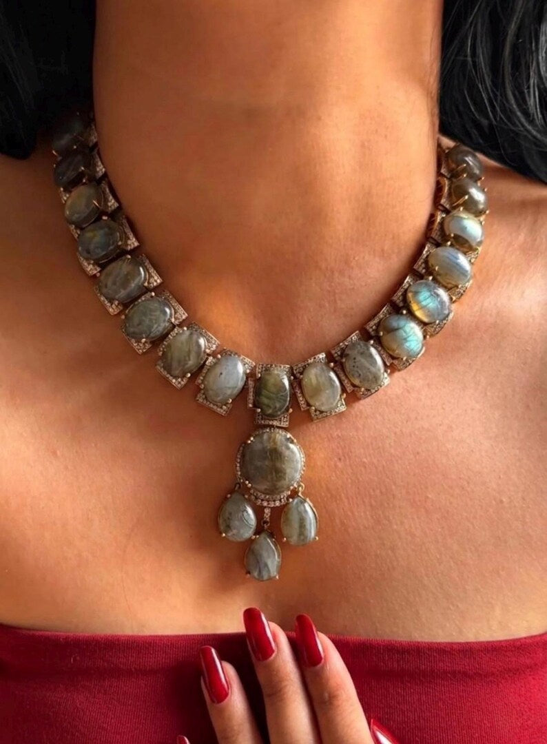 Natural Labradorite Statement Necklace Set with Matching Earrings | Handmade Gemstone Jewelry | Vintage Style Bridal Necklace | Gift for Her | Boho Luxury Jewelry