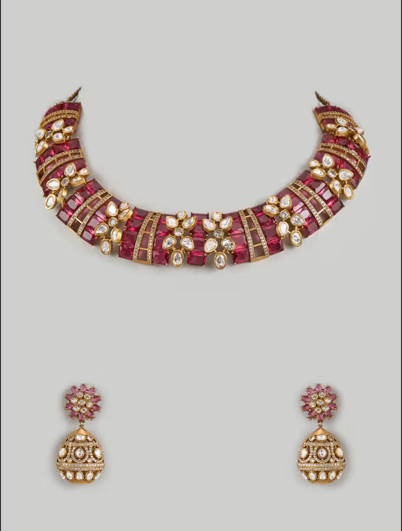 Kundan Polki Pendant Necklace Set with Matching Earrings | Bridal Statement Jewelry