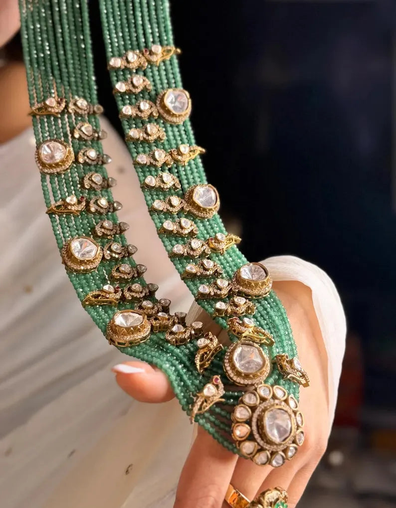 Green Beaded Kundan Rani Haar Set | Long Bridal Necklace with Earrings | Royal Indian Festive Necklace Set