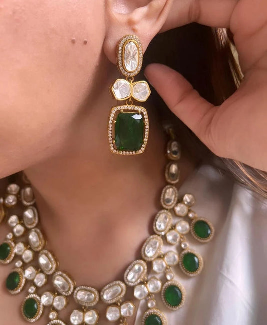 Kundan Polki Necklace Set with Statement Earrings, Bridal Indian Jewelry, Royal Wedding Necklace