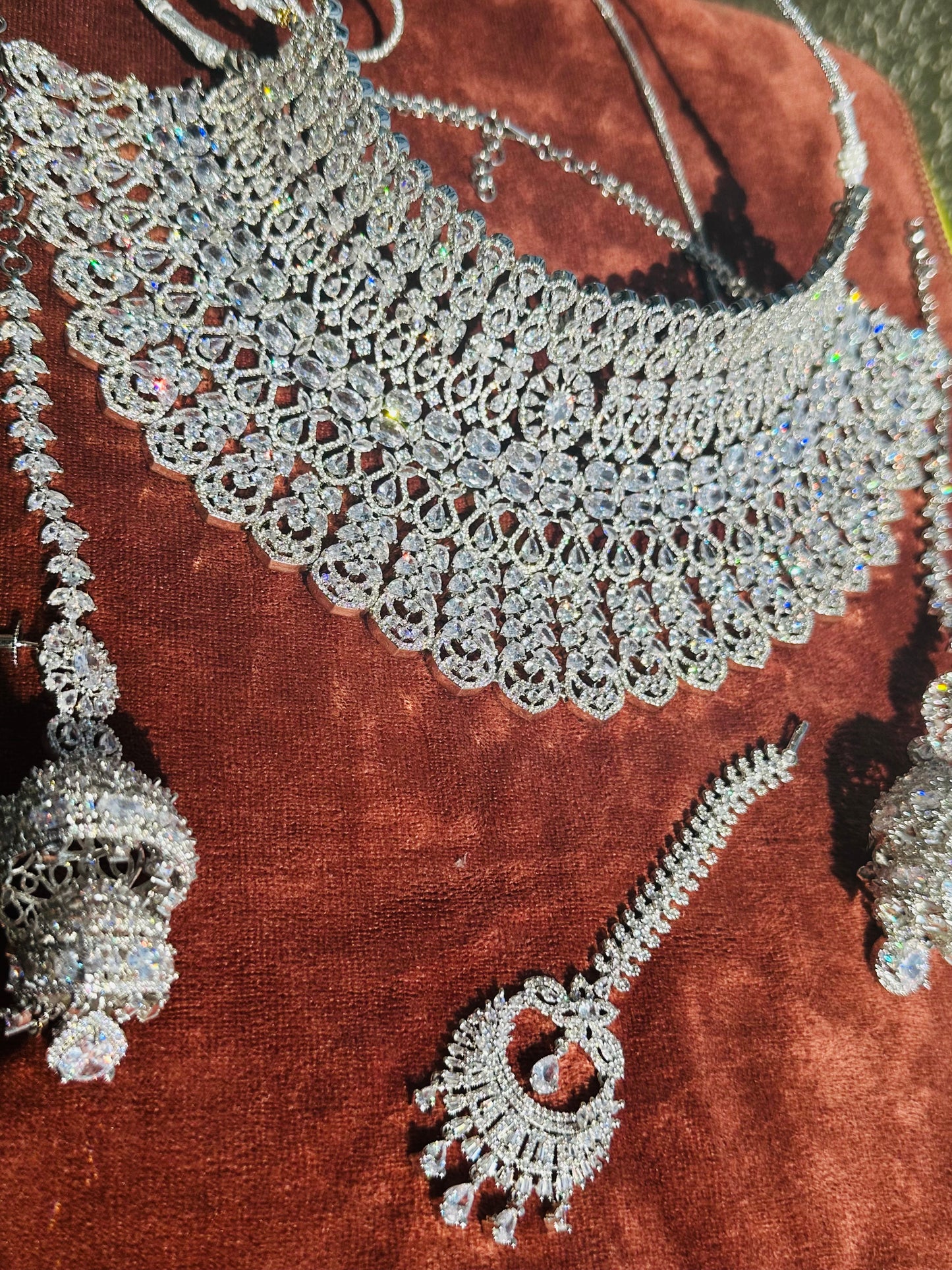 Radiant Elegance: American Diamond Silver Choker Set with Jhumka and Maangtikka - Exquisite Bridal Jewelry Ensemble