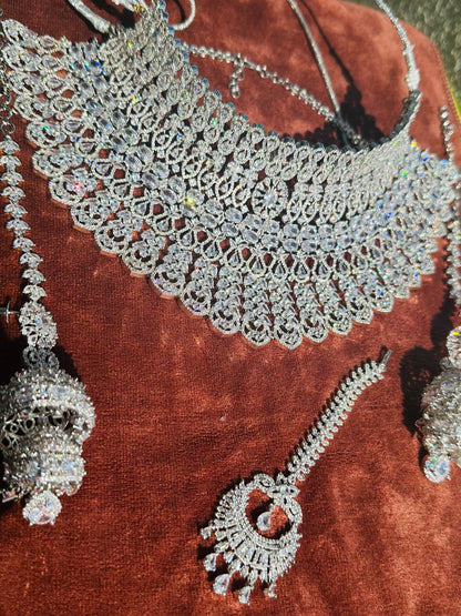 Radiant Elegance: American Diamond Silver Choker Set with Jhumka and Maangtikka - Exquisite Bridal Jewelry Ensemble