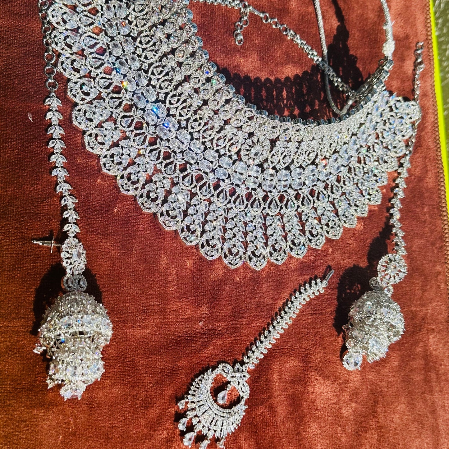 Radiant Elegance: American Diamond Silver Choker Set with Jhumka and Maangtikka - Exquisite Bridal Jewelry Ensemble