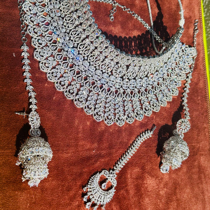 Radiant Elegance: American Diamond Silver Choker Set with Jhumka and Maangtikka - Exquisite Bridal Jewelry Ensemble