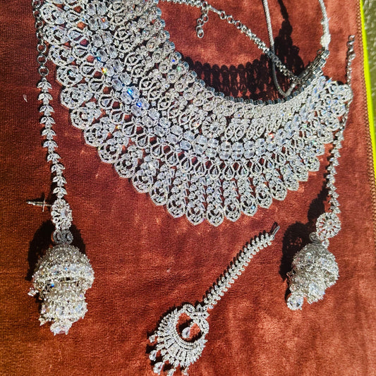 Radiant Elegance: American Diamond Silver Choker Set with Jhumka and Maangtikka - Exquisite Bridal Jewelry Ensemble