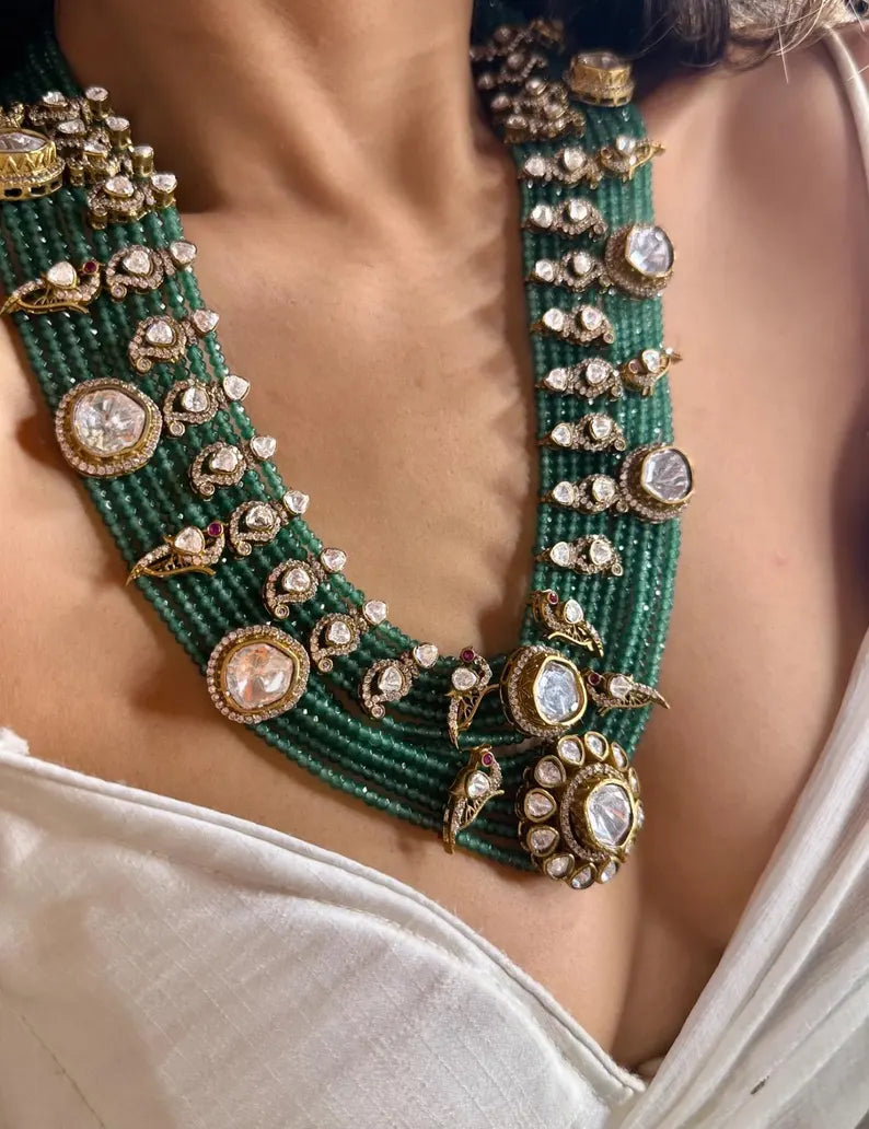 Green Beaded Kundan Rani Haar Set | Long Bridal Necklace with Earrings | Royal Indian Festive Necklace Set