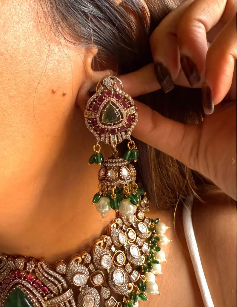 Luxury Kundan Polki Choker Necklace Set with Matching Earrings, Bridal Statement Jewelry, Traditional Wedding Jewelry,