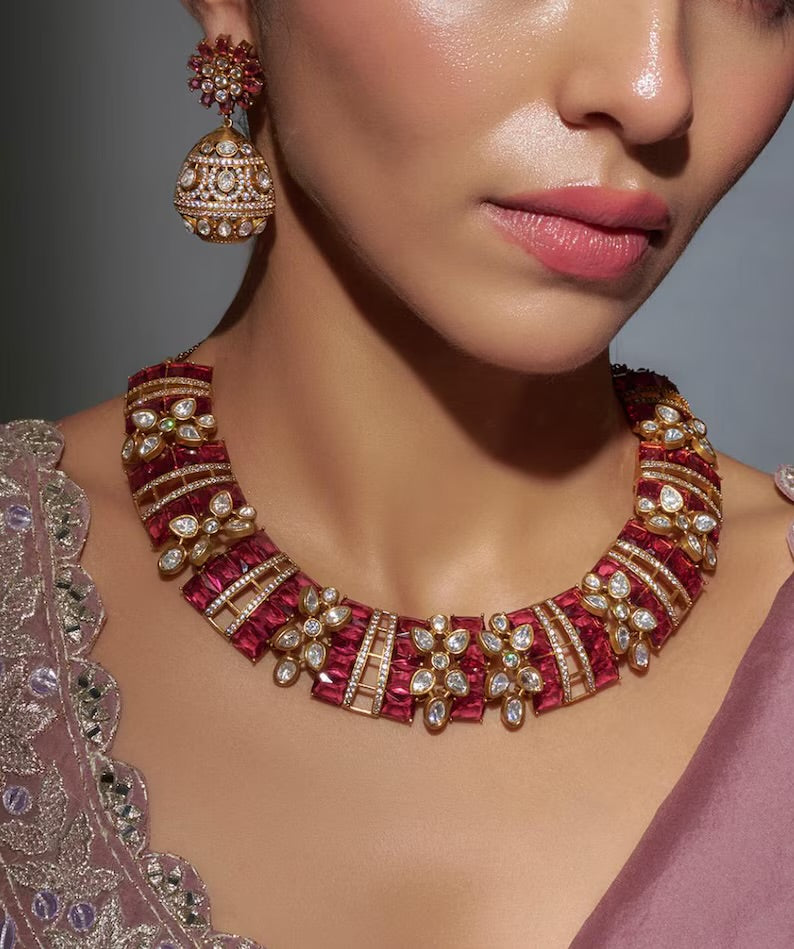 Kundan Polki Pendant Necklace Set with Matching Earrings | Bridal Statement Jewelry
