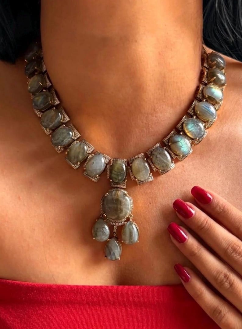 Natural Labradorite Statement Necklace Set with Matching Earrings | Handmade Gemstone Jewelry | Vintage Style Bridal Necklace | Gift for Her | Boho Luxury Jewelry