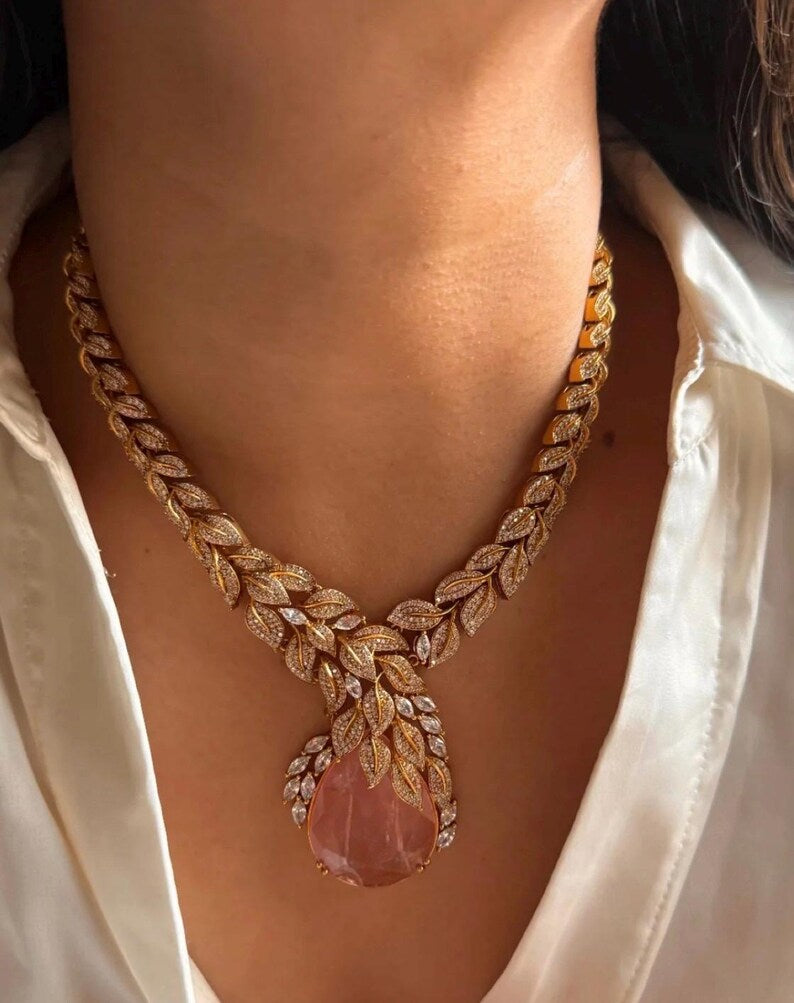 Designer Leaf Necklace Set with Aqua Drop Earrings | Bridal Statement Jewelry