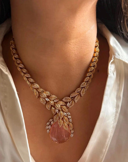 Designer Leaf Necklace Set with Aqua Drop Earrings | Bridal Statement Jewelry