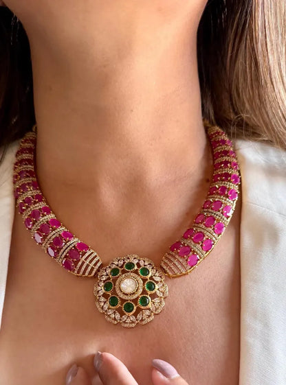Ruby Emerald CZ Statement Necklace Set, Designer Bridal Necklace with Stud Earrings, Indian Wedding Jewelry