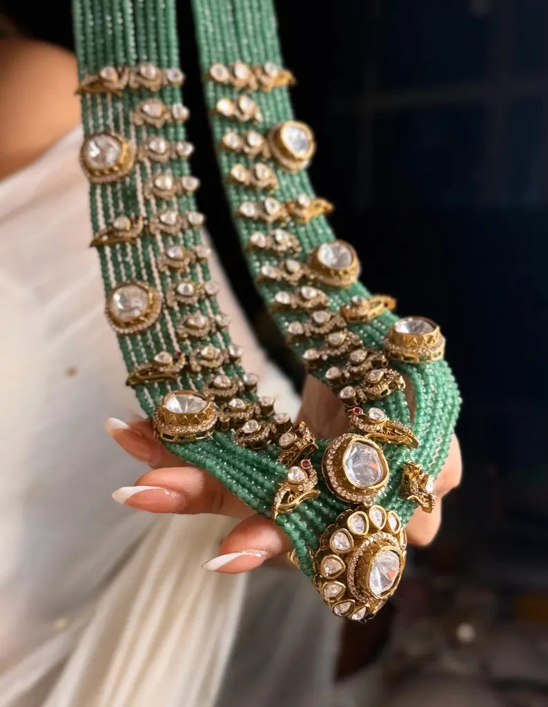 Green Beaded Kundan Rani Haar Set | Long Bridal Necklace with Earrings | Royal Indian Festive Necklace Set