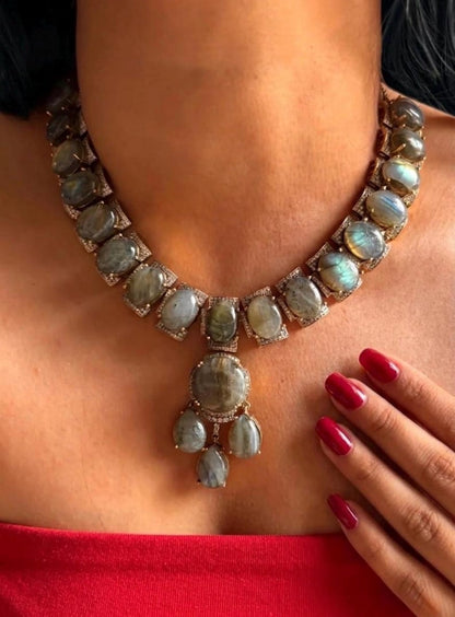 Natural Labradorite Statement Necklace Set with Matching Earrings | Handmade Gemstone Jewelry | Vintage Style Bridal Necklace | Gift for Her | Boho Luxury Jewelry