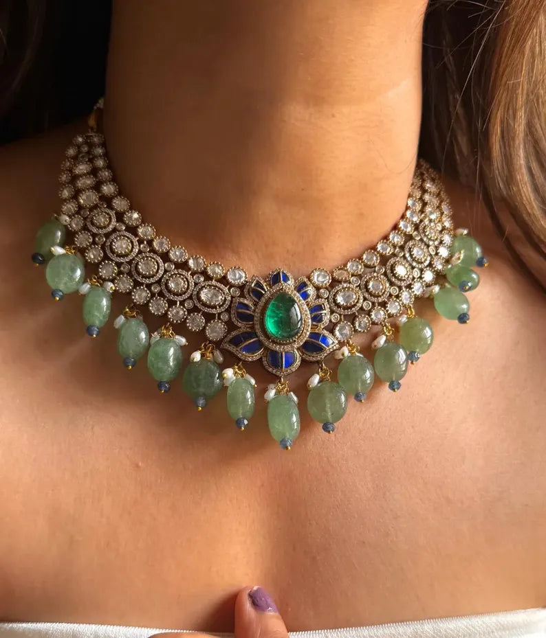 Luxury Kundan Polki Choker Necklace Set with Statement Earrings, Bridal CZ Necklace, Handmade Indian Wedding Jewelry, Festive Party Wear Gift