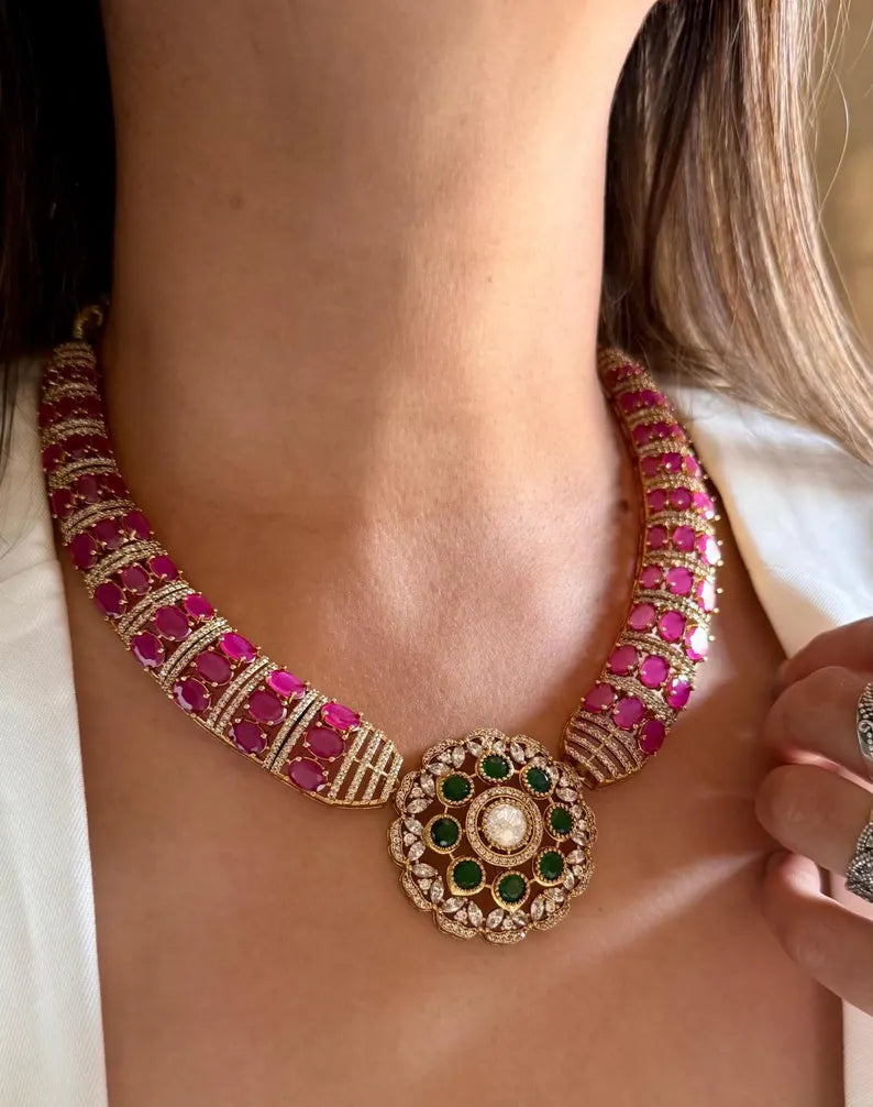 Ruby Emerald CZ Statement Necklace Set, Designer Bridal Necklace with Stud Earrings, Indian Wedding Jewelry