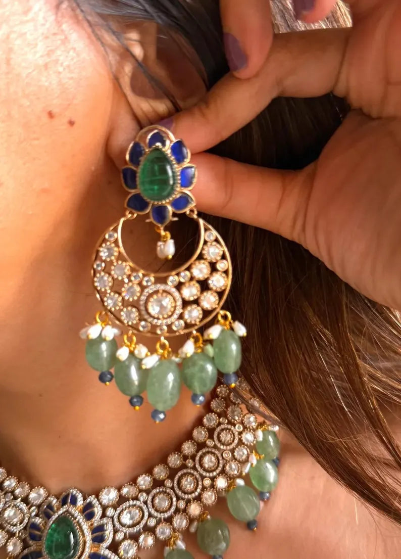 Luxury Kundan Polki Choker Necklace Set with Statement Earrings, Bridal CZ Necklace, Handmade Indian Wedding Jewelry, Festive Party Wear Gift