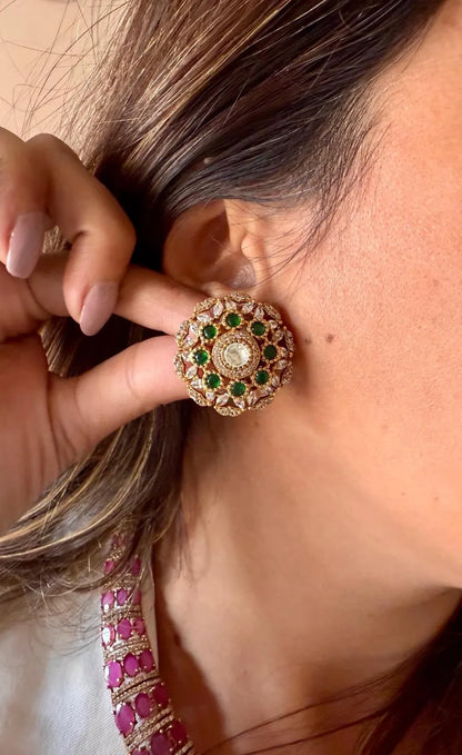 Ruby Emerald CZ Statement Necklace Set, Designer Bridal Necklace with Stud Earrings, Indian Wedding Jewelry