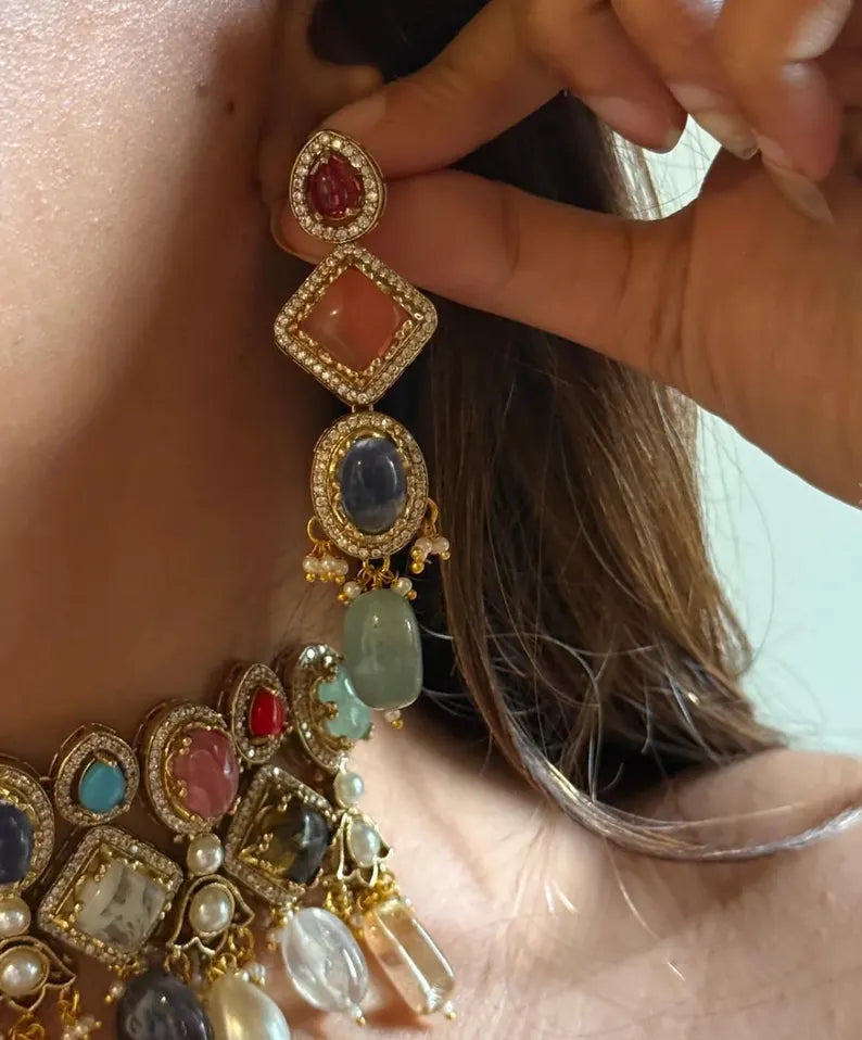 Luxury Multi Gemstone Statement Choker Necklace Set, Navratna Inspired Wedding Jewelry