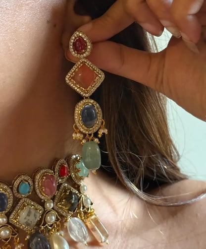 Luxury Multi Gemstone Statement Choker Necklace Set, Navratna Inspired Wedding Jewelry