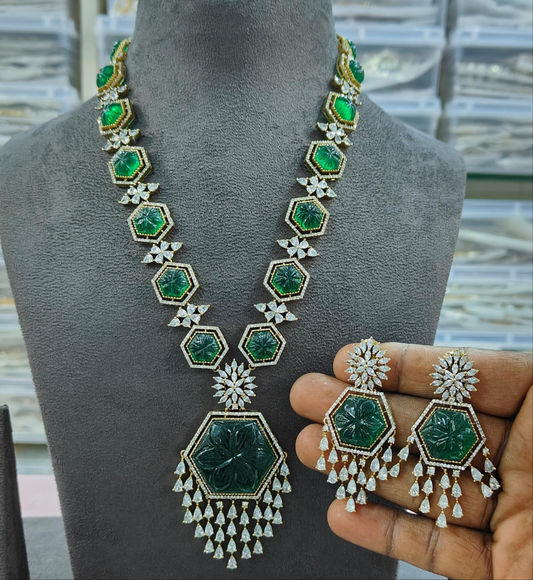 Royal Elegance CZ Long Necklace Set with Matching Earrings – Premium Bridal & Party Wear Jewelry