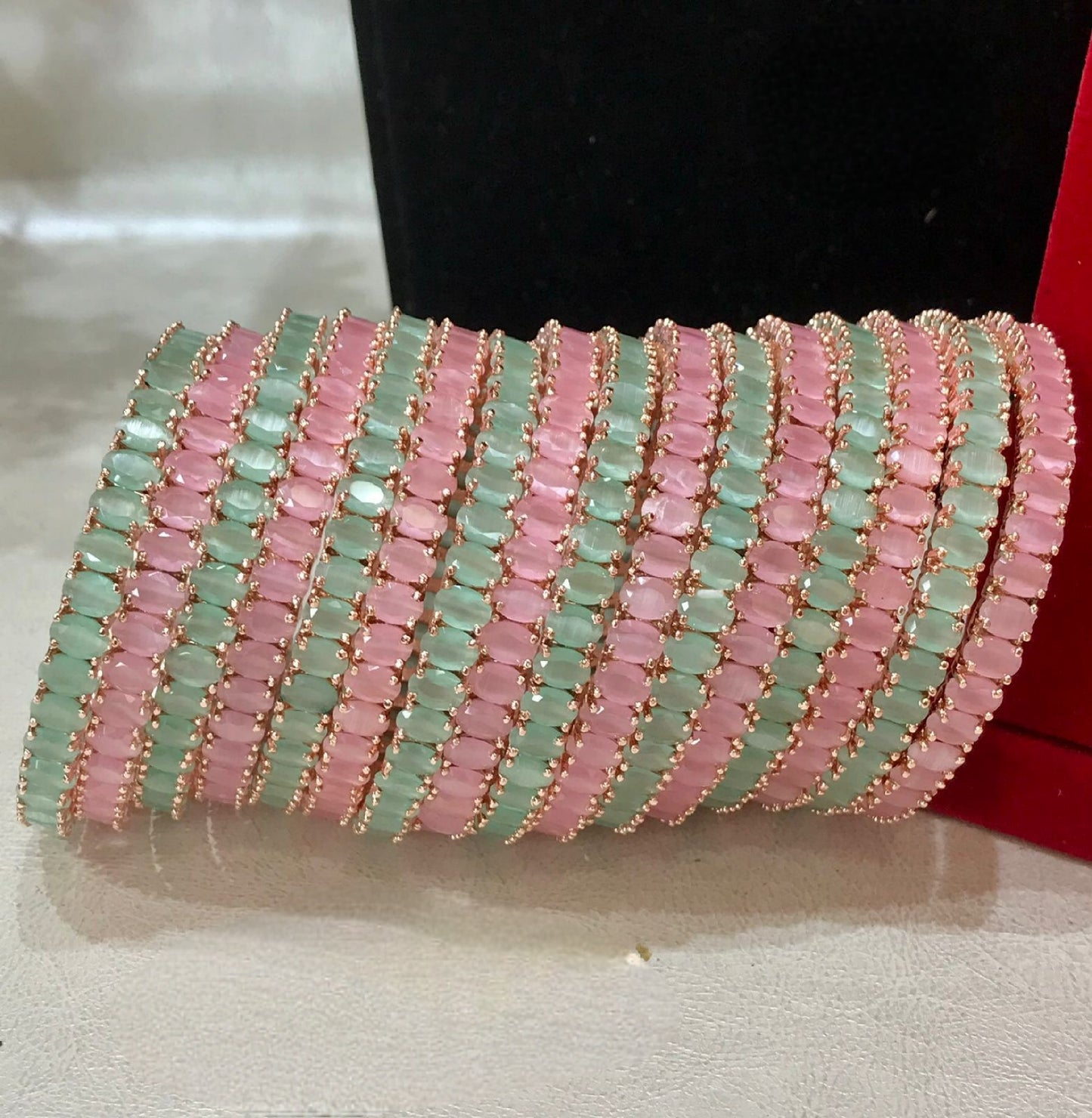 Radiant Set of 16 American Diamond Bangles in Mint Green and Baby Pink Elegance