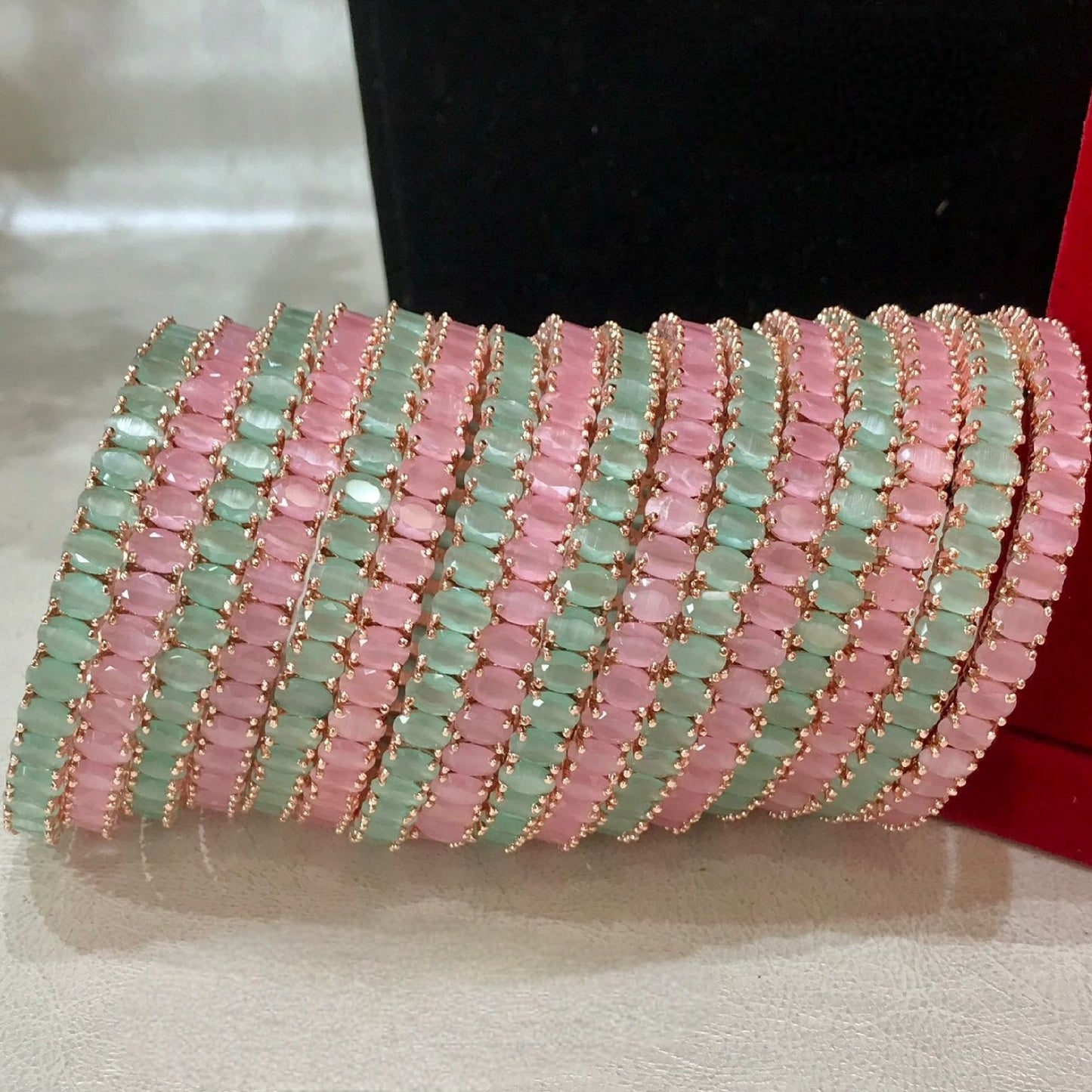 Radiant Set of 16 American Diamond Bangles in Mint Green and Baby Pink Elegance