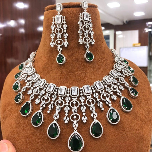 Radiant Elegance: American Diamond Necklace Set with Earrings - Complete Jewellery Ensemble available in silver green stone on silver polished