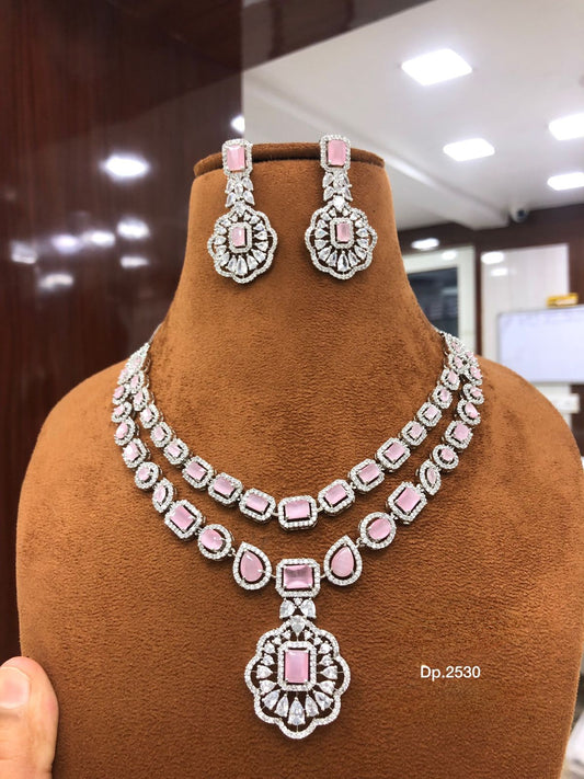 High Quality American diamond 2 Layer  Pendant  With Earrings  available in baby pink silver polished