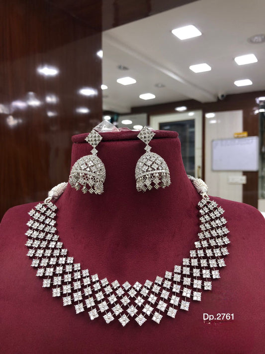 High Quality American diamond Full-bridal Necklace With Earrings available in silver / black polished