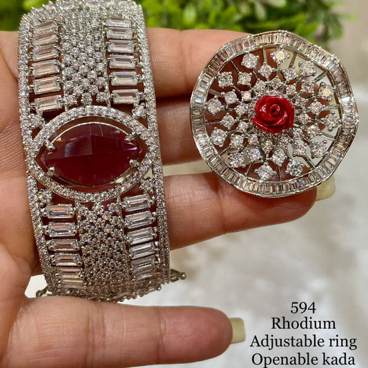 Timeless Radiance Set: American Diamond Adjustable Ring, Bracelet, Engagement, and Wedding Ring Ensemble