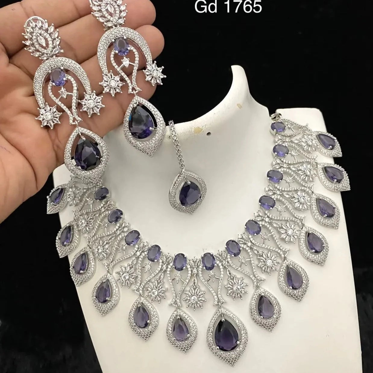 Dazzling American Diamond Necklace, Earring, and Maangtikka Set: Radiate Elegance and Glamour