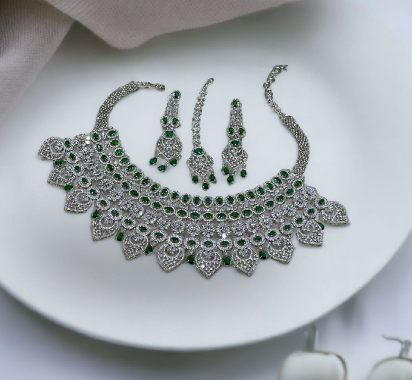 sagunittujewel: American Diamond Full Bridal Choker Set with Matching Earrings and Maangtikka for a Timeless Wedding Glamour