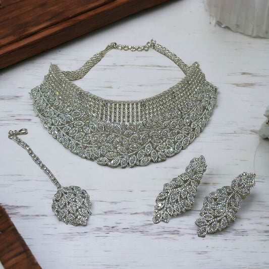 Sagunittujewel: High Quality american diamond Choker set with matching earring and maangtikka ,indian jewellery, wedding jewellery