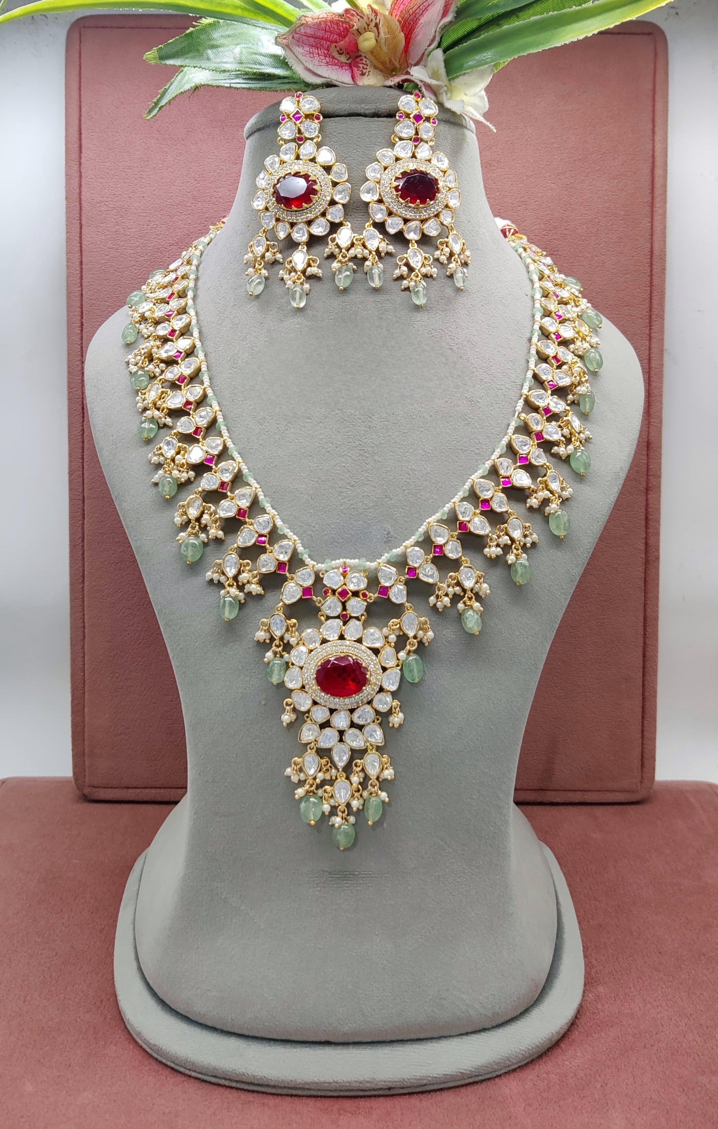 Premium Quality Moissanite Polkis Necklace Set with earnings  , indian jewellery, bollywood necklace set