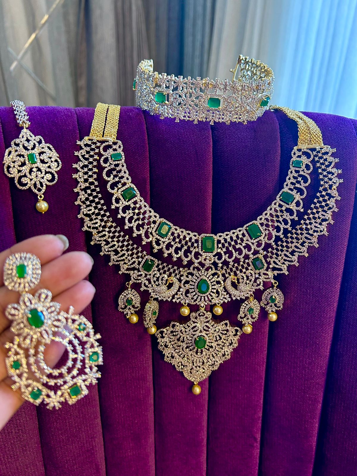 Super grand luxury diamond set , southindain neckband with big earrings , tikka and diamond nath