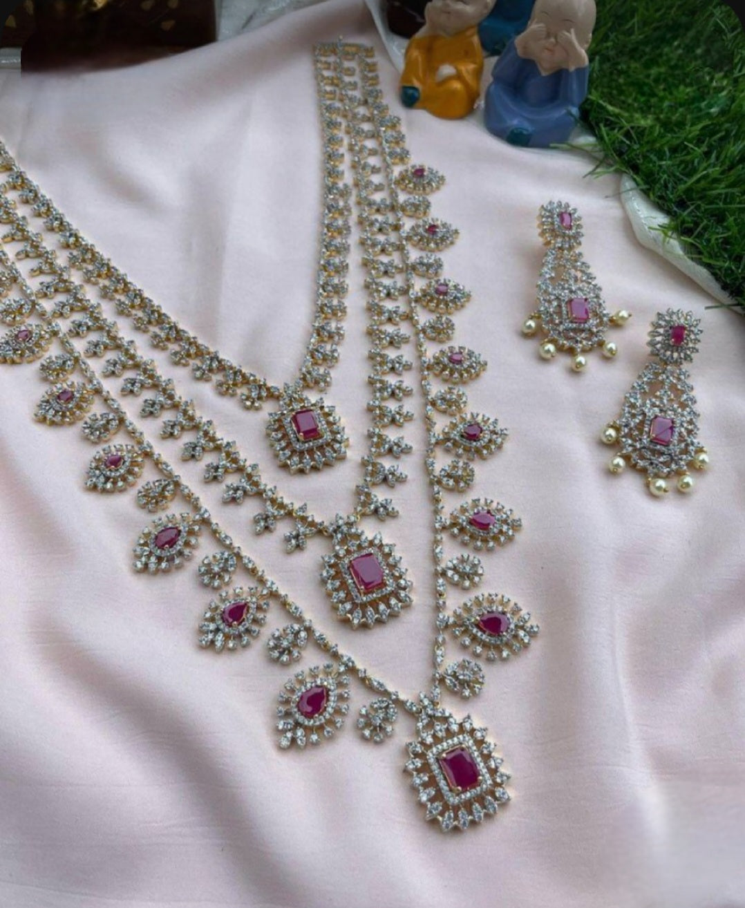 Sagunittu Jewel: Radiant Elegance in Every Layer - Exquisite 3-Layer CZ Haram Necklace Set with Adorned Earrings