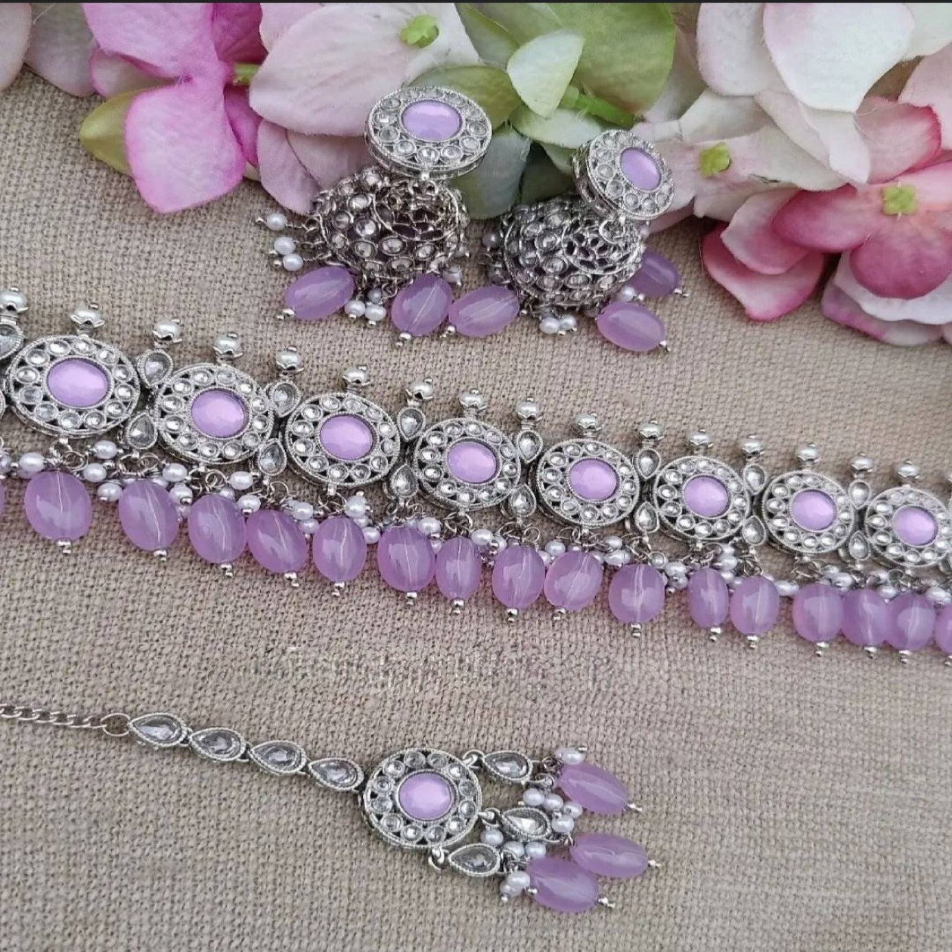 Elegant Lavender Polki Kundan Choker Jewelry Set with Jhumka and MaangTikka