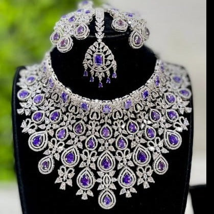 Regal Amethyst Elegance: Luxurious American Diamond Bridal Necklace Set with Earrings and Maangtikka in Premium Purple