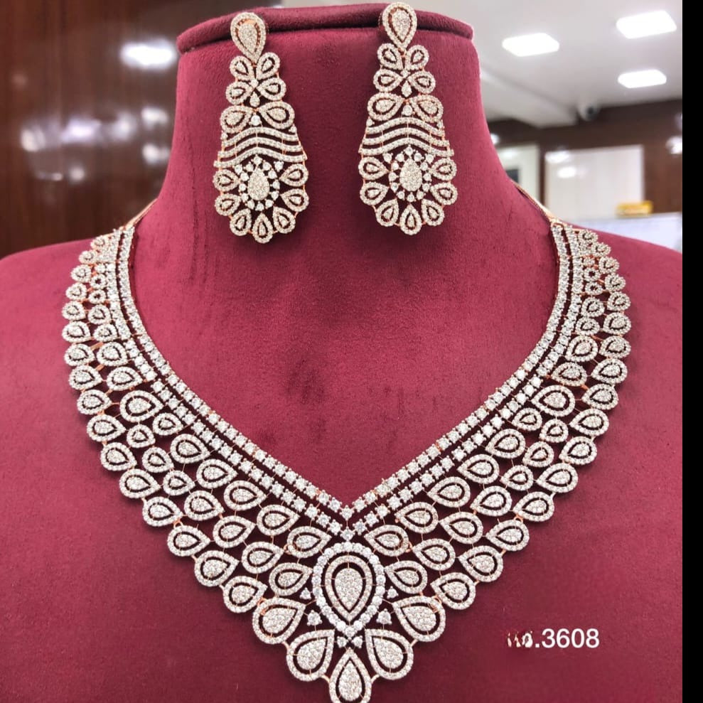 Regal Legacy: Antique Design American Diamond Necklace Set with Earrings Jewelry Ensemble