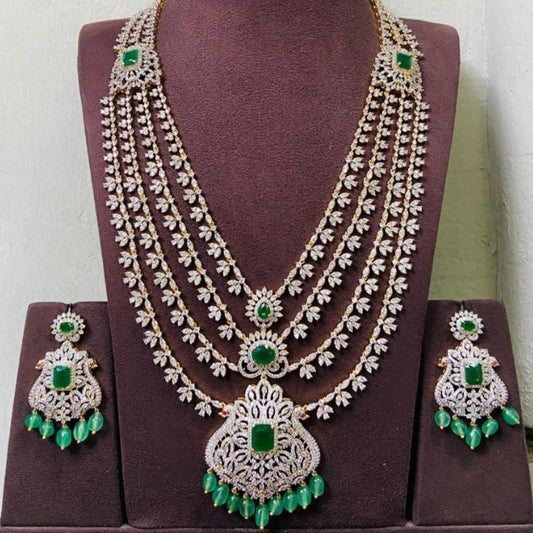 Dazzling 4-Layer  Diamond and Stone Long Necklace Set with Matching Earrings
