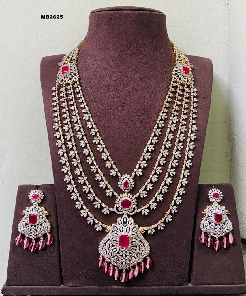 Dazzling 4-Layer  Diamond and Stone Long Necklace Set with Matching Earrings