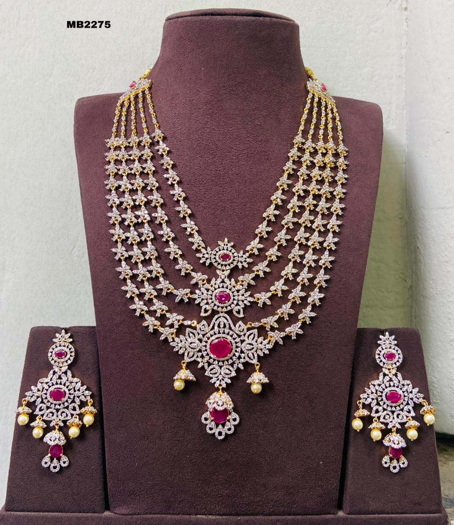 5-Layer  Diamond and Stone Long Necklace Set with Matching Earrings