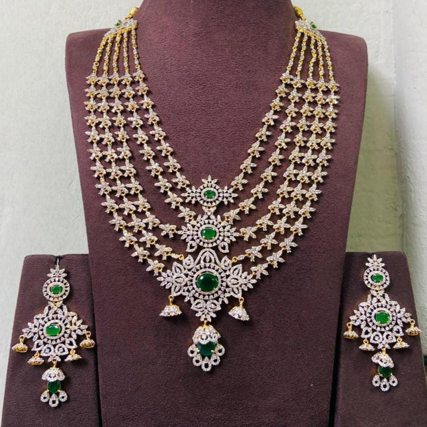 5-Layer  Diamond and Stone Long Necklace Set with Matching Earrings